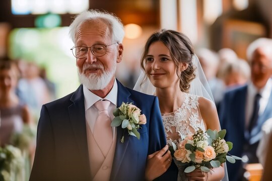 AI generated illustration of a proud father accompanying his daughter to the altar