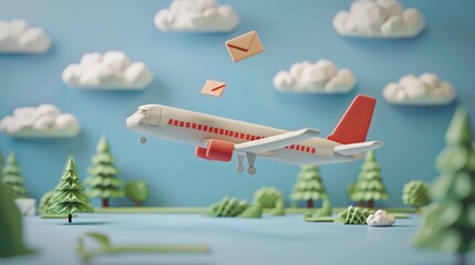 Whimsical paper airplane flying over a creative landscape with trees and clouds, representing an imaginative and playful scene.