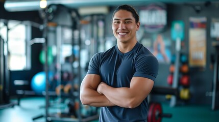 Fototapeta premium Energetic Native American Male Fitness Trainer in Gym Setting - Ideal for Fitness, Training, and Health Promotions