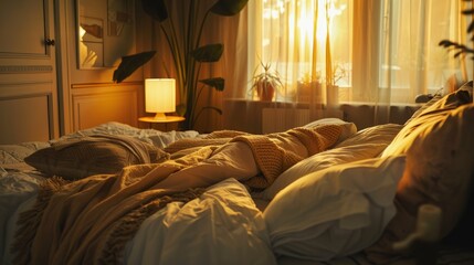 A warm and inviting bedroom scene with plush bedding, soft lighting, and warm tones creating a tranquil atmosphere