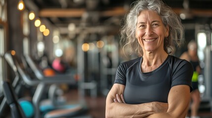 Fototapeta premium Confident Elderly Female Fitness Trainer at the Gym, Promoting Healthy Aging, Fitness Motivation