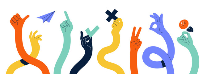 Comic flexible hands. Long color arms, curved limbs holding different elements, various finger gestures, signs and symbols. Thumb finger up and ok. Tidy vector cartoon flat isolated set