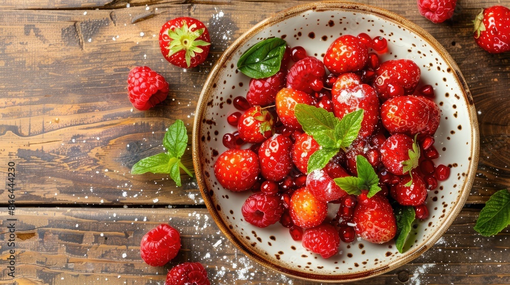 Wall mural AI generated illustration of a plate of vibrant and fresh strawberries on a table