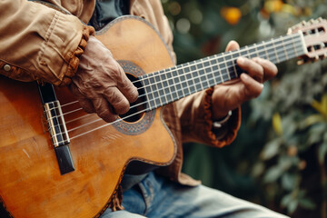 Fototapeta premium Close-Up of Mature Man's Hands Playing Acoustic Guitar