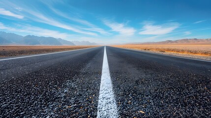 A long road in the desert, with an endless horizon under a blue sky, and no buildings or people visible on both sides of it. with faint outlines of distant mountains faintly.