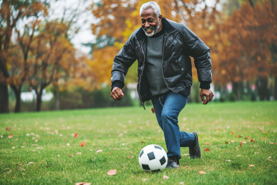 Mature Man Playing Soccer in a Park during Autumn