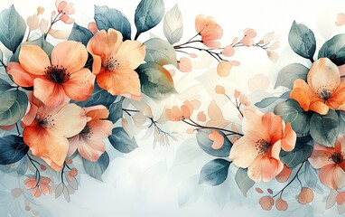 Elegant watercolor floral arrangement featuring peach and orange flowers with delicate leaves on a light background, perfect for design projects.