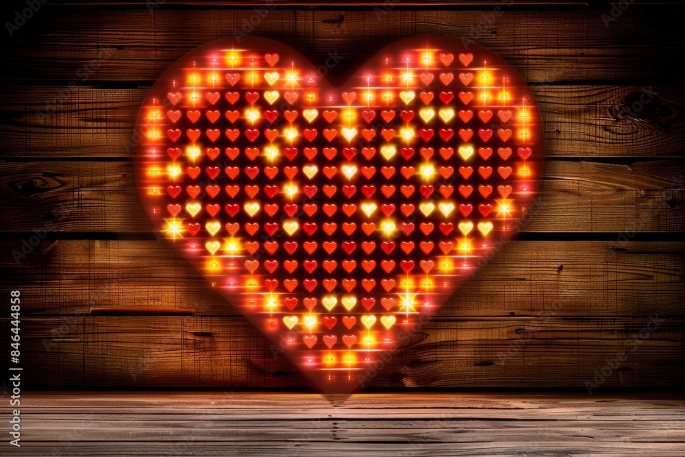 Poster rustic heart shaped neon light against a wooden backdrop, creating a warm and inviting high tech vis