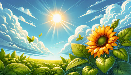 ひまわりと青空　背景、壁紙　（ AI生成画像 ）