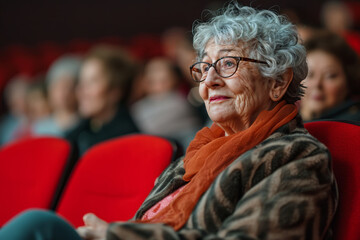 Senior Woman Immersed in a Theatre Performance: Capturing the Elegance and Grace of Elderly Theatre Enthusiasts