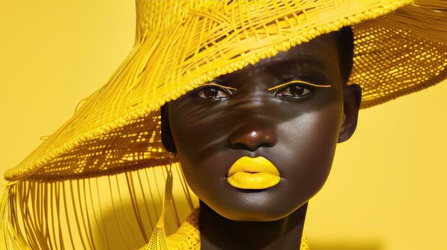 AI generated illustration of a close-up of a model with straw hat and yellow lipstick