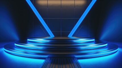 Futuristic Blue Neon Stage with Illuminated Steps and Modern Geometric Background for High-Tech Presentations and Events