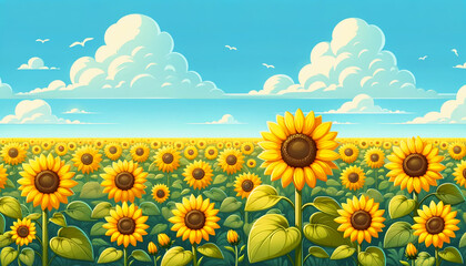 ひまわりと青空　背景、壁紙　（ AI生成画像 ）