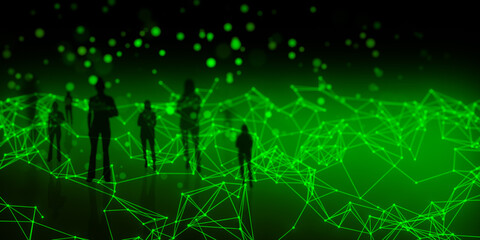 Abstract people silhouettes on green polygonal background. Technology and creative landing page concept.
