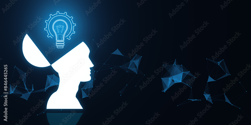 Poster mind mapping and creative inspiration concept. glowing head outline with digital lamp and other poly