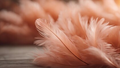 Closeup of pink feathers spread on a wooden surface, AI-generated.