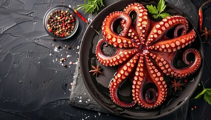Fototapeta premium Savory Octopus Tentacles: A Spicy Herb Infusion on Metal Plate over Black Stone Background