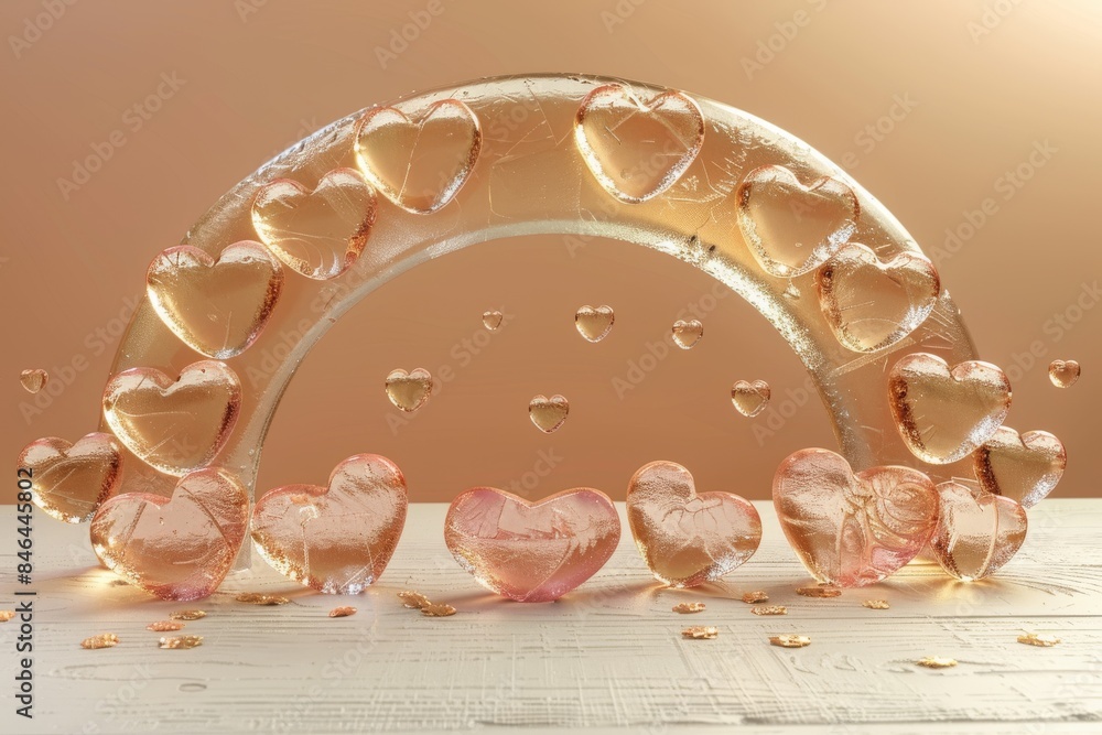 Poster crystal heart arch with delicate pink hues, set against a soft background, creating a romantic and h