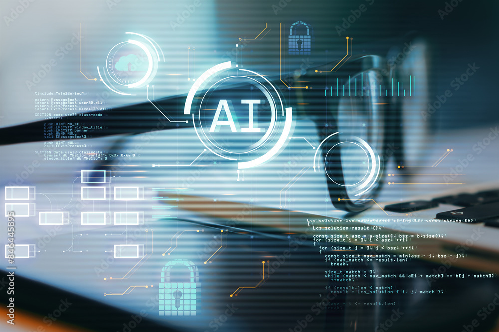 Poster Close up of office desktop with glasses, tablet, laptop and glowing ai hologram with binary coding on blurry background. Artificial intelligence, technology and programming concept. Double exposure.