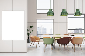 Modern light meeting room interior with empty mock up banner on wall, furniture, windows and city view. 3D Rendering.