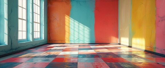 an image of an empty room with multiple colors on the walls