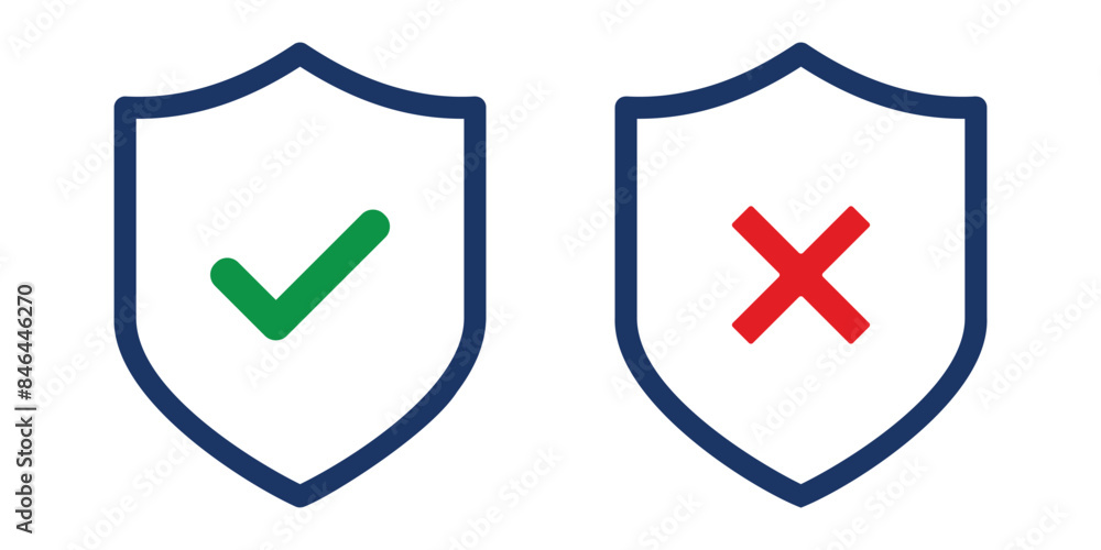Poster shield with tick and cross mark icon. protected and not protected symbol for app, ui, website. vecto