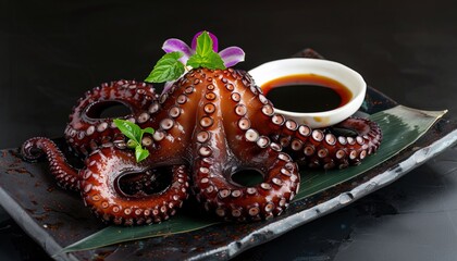 Fototapeta premium Deliciously Tangy: A Guide to Boiled Webfoot Octopus Dish with Dipping Sauce - AR 7:4