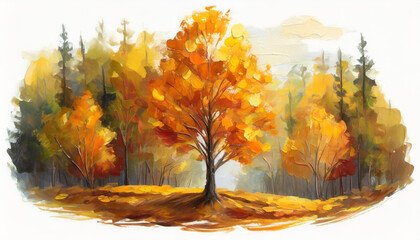Autumn forest trees foliage watercolor, nature oil painting. Fall season, outdoor landscape