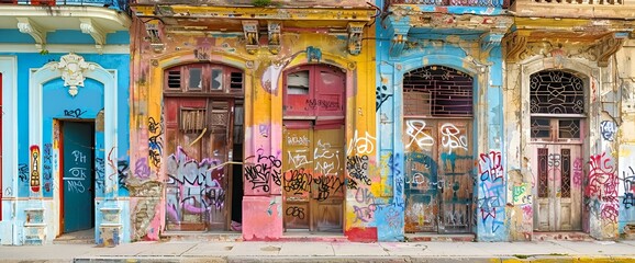 some colorful buildings with graffiti and paint all over them -