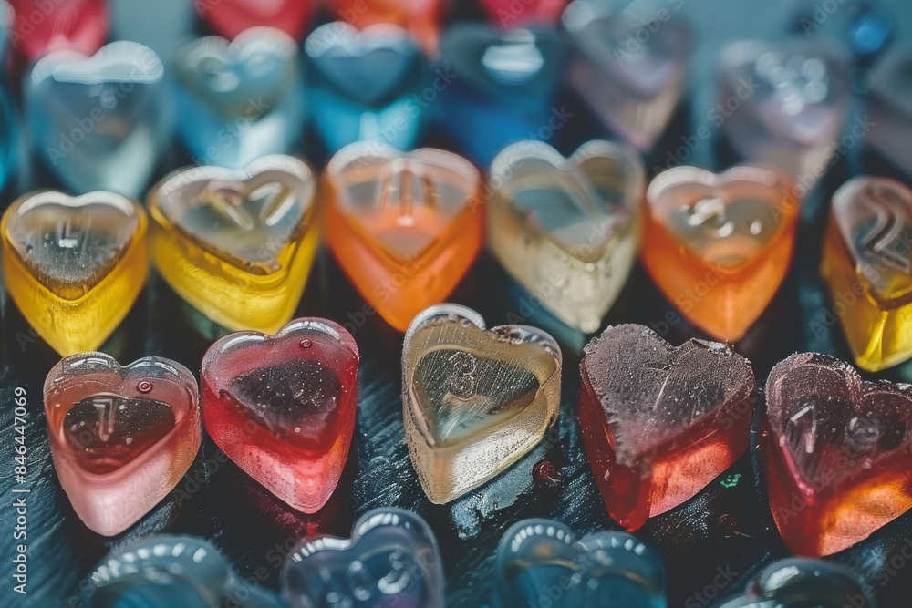 Poster heart shaped candies with vibrant colors, set against a soft background, creating a cheerful and hig
