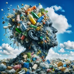 a large head full of garbage and other objects on the top of it