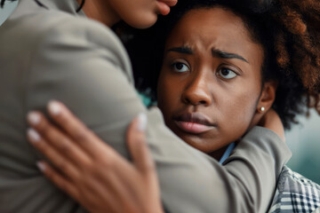 Obraz premium Close-up of a person being comforted by a colleague, showing support and empathy, with a concerned and compassionate expression.
