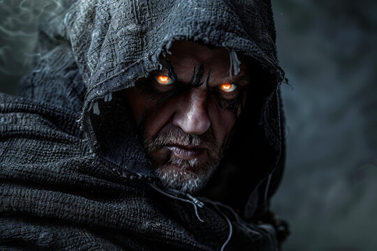 Close-up of a scary wizard with glowing eyes wearing a dark hood and intense expression