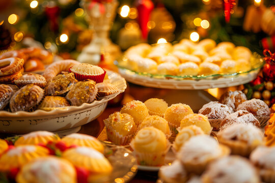 Close-up of a table filled with Festa Junina sweets like cocada and pe de moleque with festive decorations