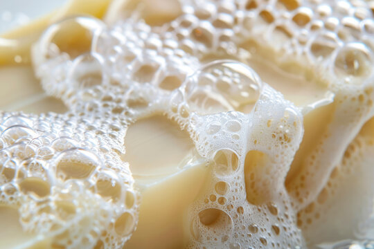 Close-up of soap lather creating luxurious bubbles, highlighting the texture and cleanliness of foamy soap.