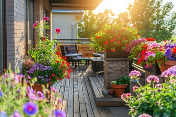 Obraz premium A sunny balcony garden with wooden flooring, surrounded by various potted flowers and plants in pots.