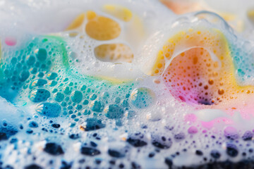 Close-up of soap lather on a sponge with vibrant bubbles, showcasing cleaning and hygiene.