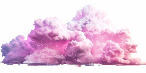 Fototapeta premium Isolated pink clouds and lightning bolts on white background. Natural phenomenon, weather, atmospheric, dramatic, dynamic, striking, minimalist, conceptual, digital art.