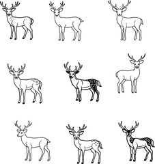 A set of deer standing pose black and white outline