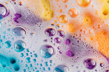 Close-up of soap lather on a sponge with vibrant bubbles, showcasing cleaning and hygiene.