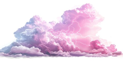 Fototapeta premium Isolated pink clouds and lightning bolts on white background. Natural phenomenon, weather, atmospheric, dramatic, dynamic, striking, minimalist, conceptual, digital art.