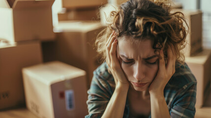 Fototapeta premium A person sits overwhelmed amidst packed boxes, holding their head in their hands, surrounded by the chaos of a move, deep in thought and stress.