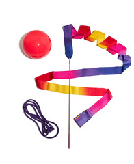 Pink ball, multicolor ribbon and  gymnastics  rope on a white background. Rhythmic Gymnastic equipment