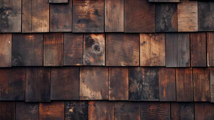 Weathered wooden shingles on an exterior wall for rustic design, weathered wood concept