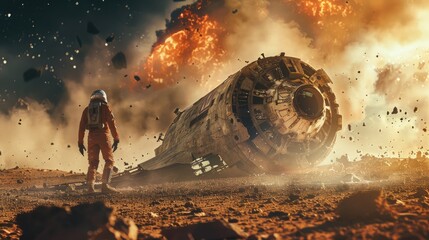 A man stands in front of a crushed spaceship resting on the surface of a planet.