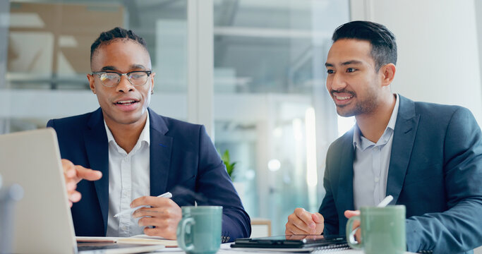 Businessman, talking and office laptop for meeting, team and stock brokers planning for company investment. Partnership, collaboration and research or online trading market, feedback and email