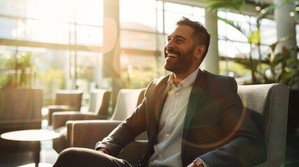 A joyful businessman in a modern office lounge, bathed in natural light, with a bright smile exuding positivity and success.