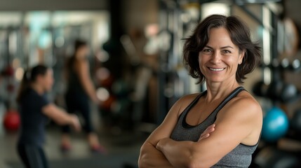 Fototapeta premium Confident Middle-Aged Female Fitness Trainer in Modern Gym, Promoting Health and Wellness for Diverse Women