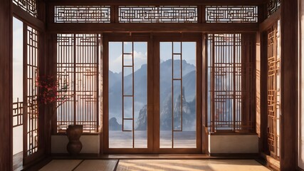 Generative AI. Embrace the allure of the Orient with this beautiful Chinese-style room, adorned with intricately carved wooden doors and windows. A true masterpiece that effortlessly blends elegance 