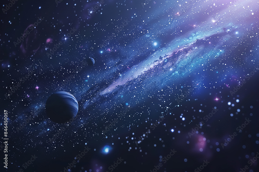 Poster cosmic mirage with planetary illusions in starry deep space